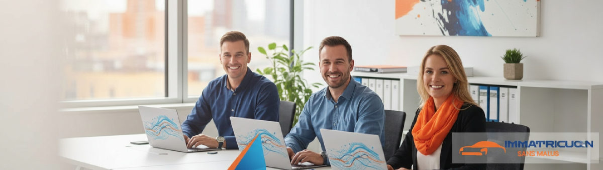Experts souriants dans un bureau moderne avec logos d'immatriculation.