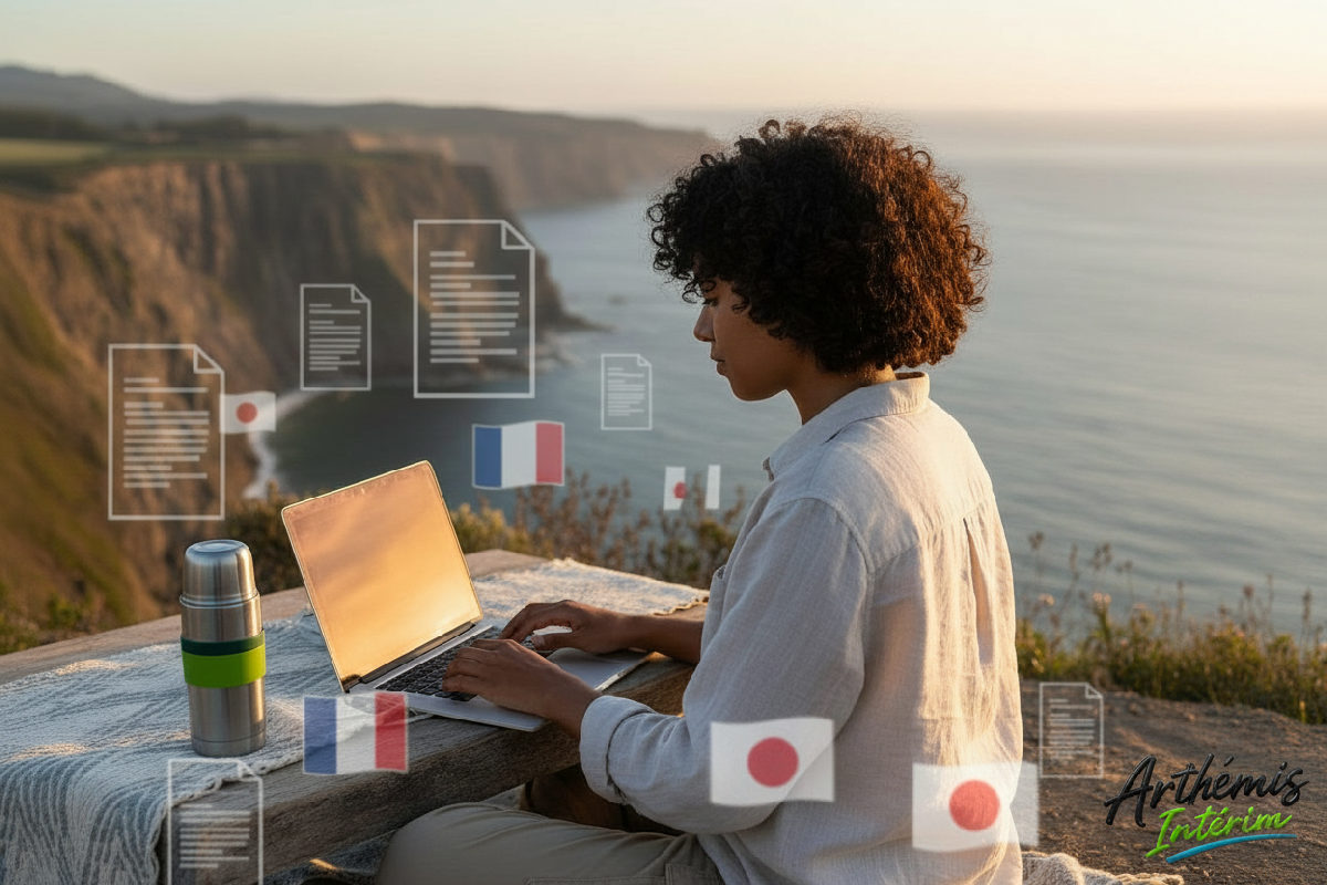 Un nomade numérique travaillant sur son ordinateur portable dans un endroit pittoresque, avec des graphiques superposés de documents fiscaux et de drapeaux internationaux.