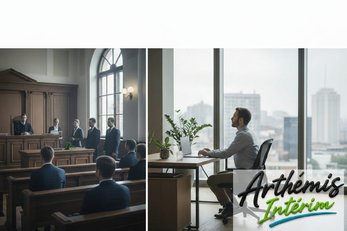 Un écran partagé montrant une salle d'audience d'un côté et un bureau à domicile moderne de l'autre, symbolisant les litiges de travail internationaux et la juridiction légale.