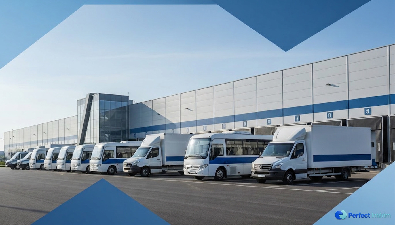Flotte de minibus pour le transport quotidien des travailleurs intérimaires.