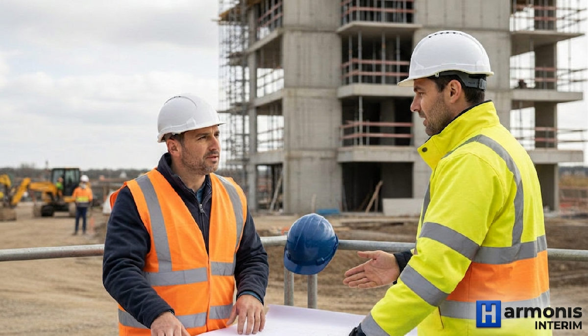 gestion personnel detache btp inspection travail – Inspecteur du travail et chef de chantier sur un site de construction.