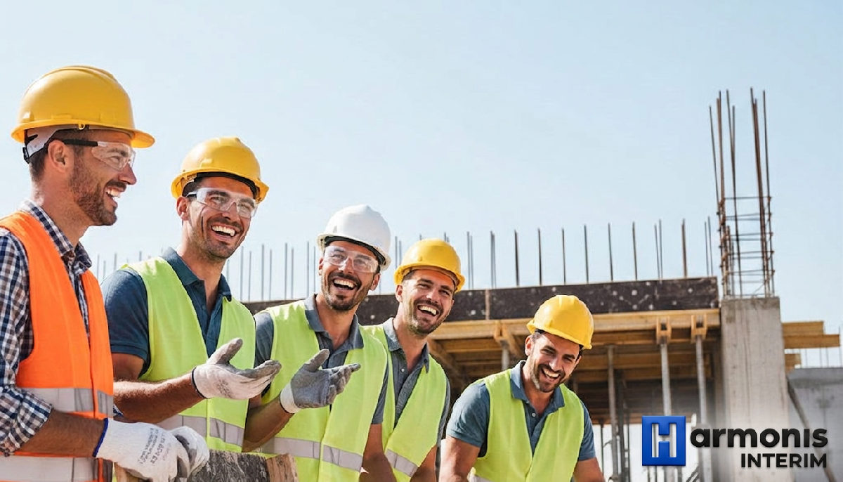Équipe de maçons souriants travaillant avec des équipements de sécurité.