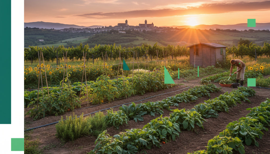 cucina biologica umbria agriturismo &ndash; Orto biologico umbro con vista su Assisi al tramonto.