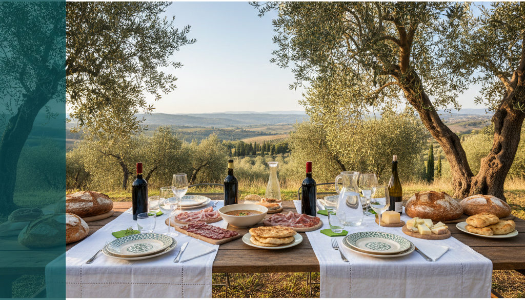 Tavola all'aperto con piatti umbri, vino biologico e pane fatto in casa.