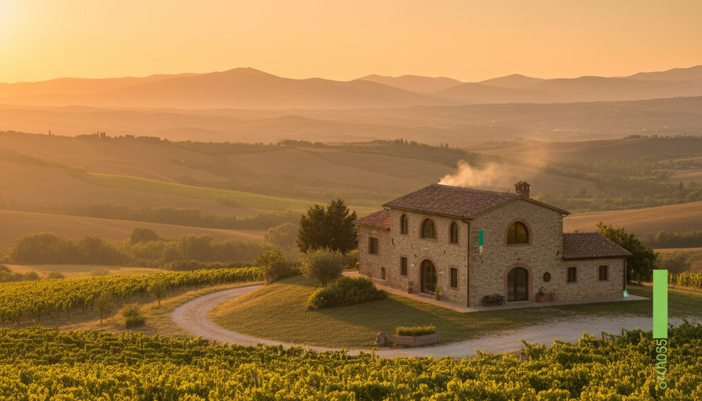 Tramonto sul Monte Subasio con agriturismo e vigneti.