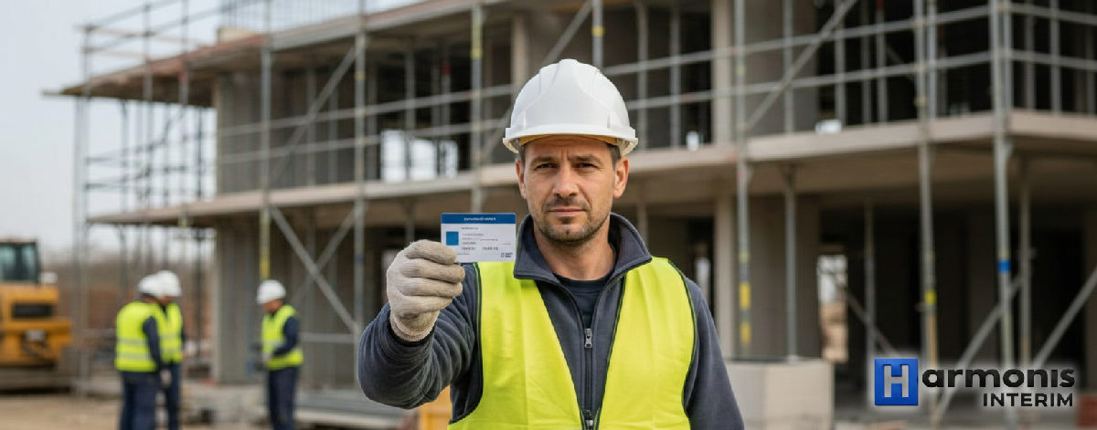 Ouvrier roumain avec carte BTP sur un chantier français.