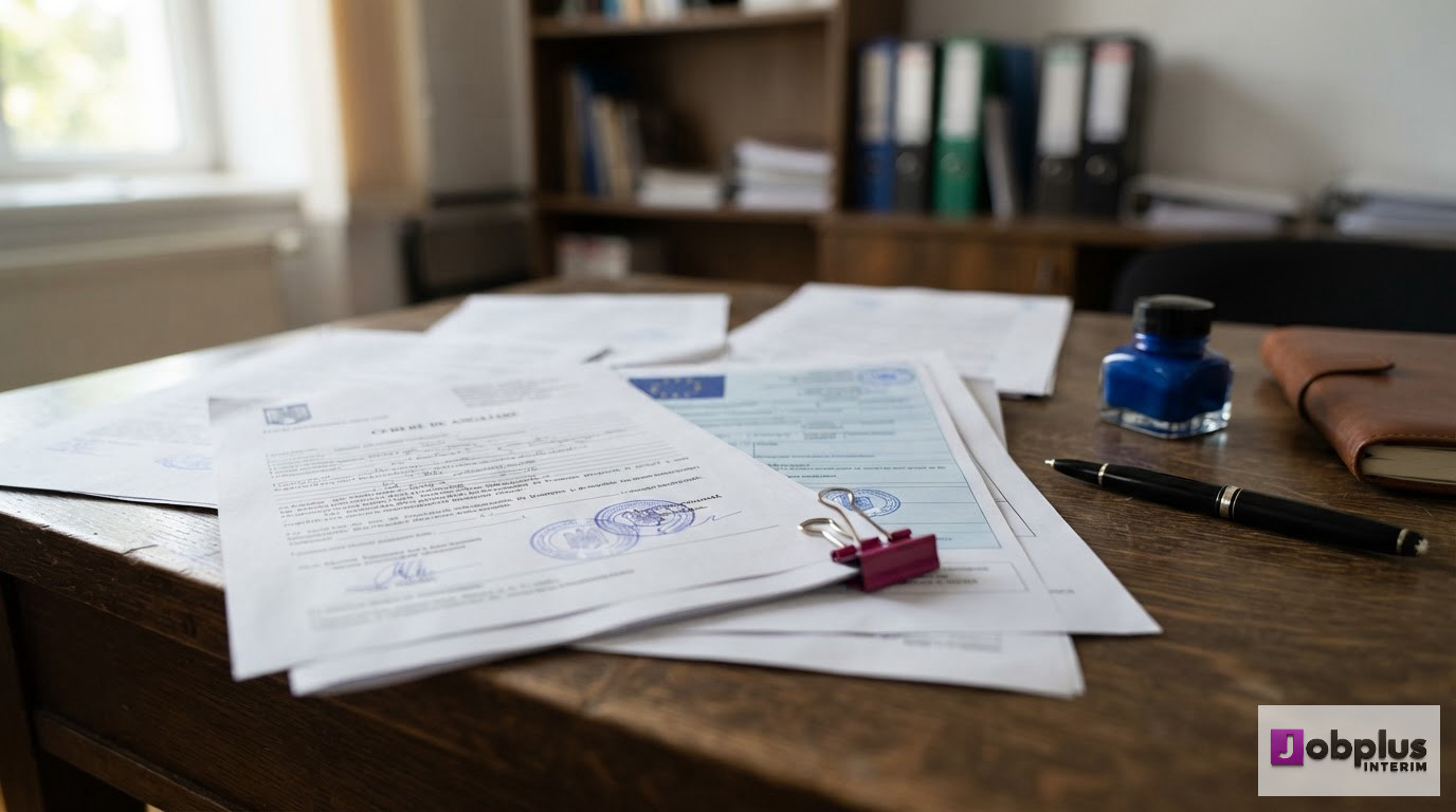 Documents administratifs européens et roumains posés sur un bureau.