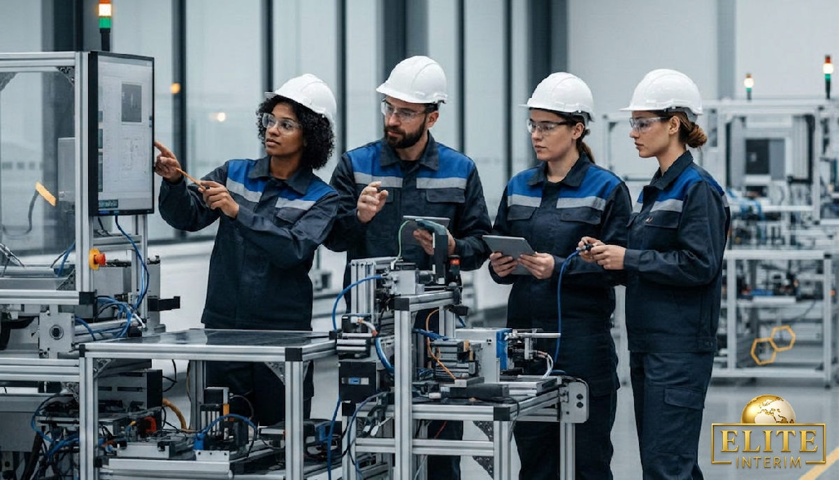 Travailleurs collaborant sur une ligne de production high-tech.
