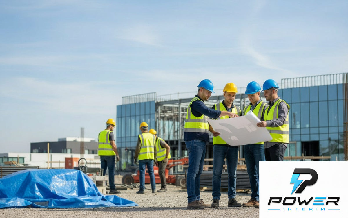 comment organiser intérim BTP depuis Roumanie - Chantier de construction moderne avec ouvriers qualifiés collaborant.