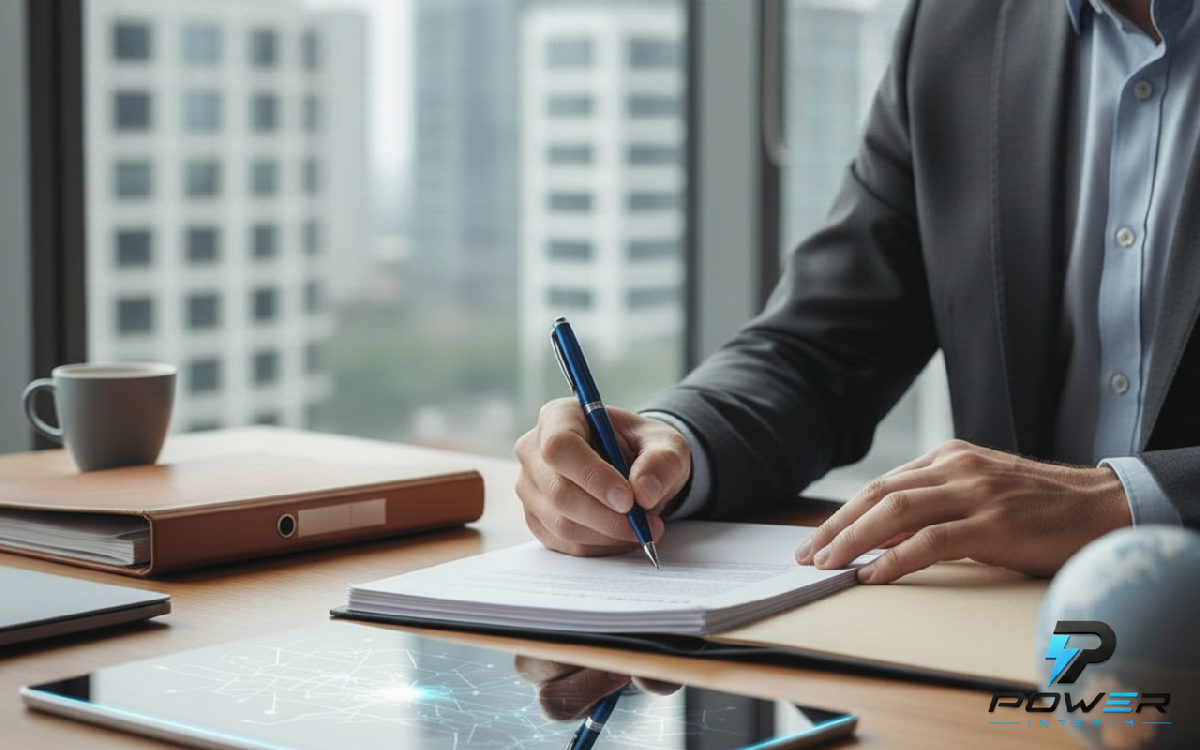 Manager signant des contrats d'intérim internationaux dans un bureau.