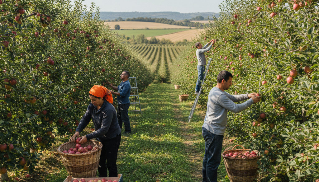 saisonniers agricoles roumains France - Des saisonniers roumains récoltent des fruits dans un verger ensoleillé.