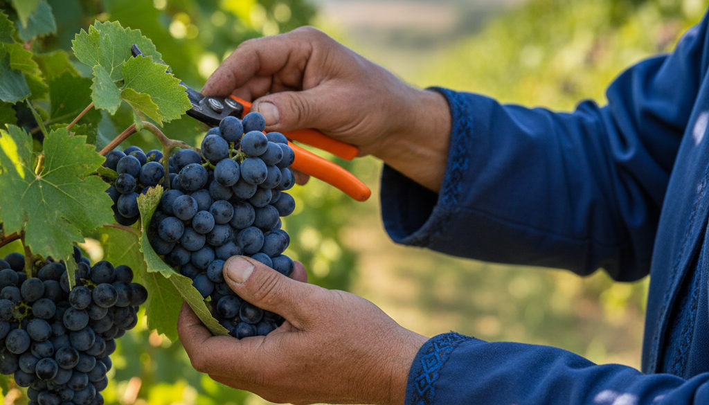 Mains expertes de travailleurs roumains cueillant des raisins de qualité.