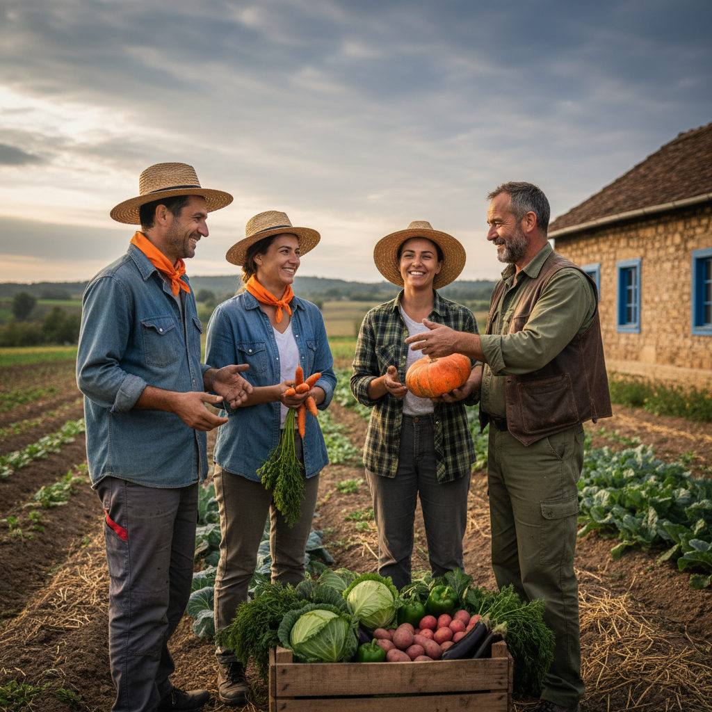 Une équipe de travailleurs agricoles roumains et un exploitant français discutant cordialement autour d'une caisse de légumes, illustrant une collaboration réussie.