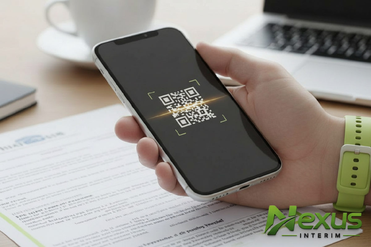 Un smartphone scanne un code QR sur un document de détachement européen.