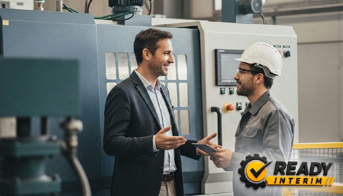Manager français et ouvrier roumain devant machine industrielle.