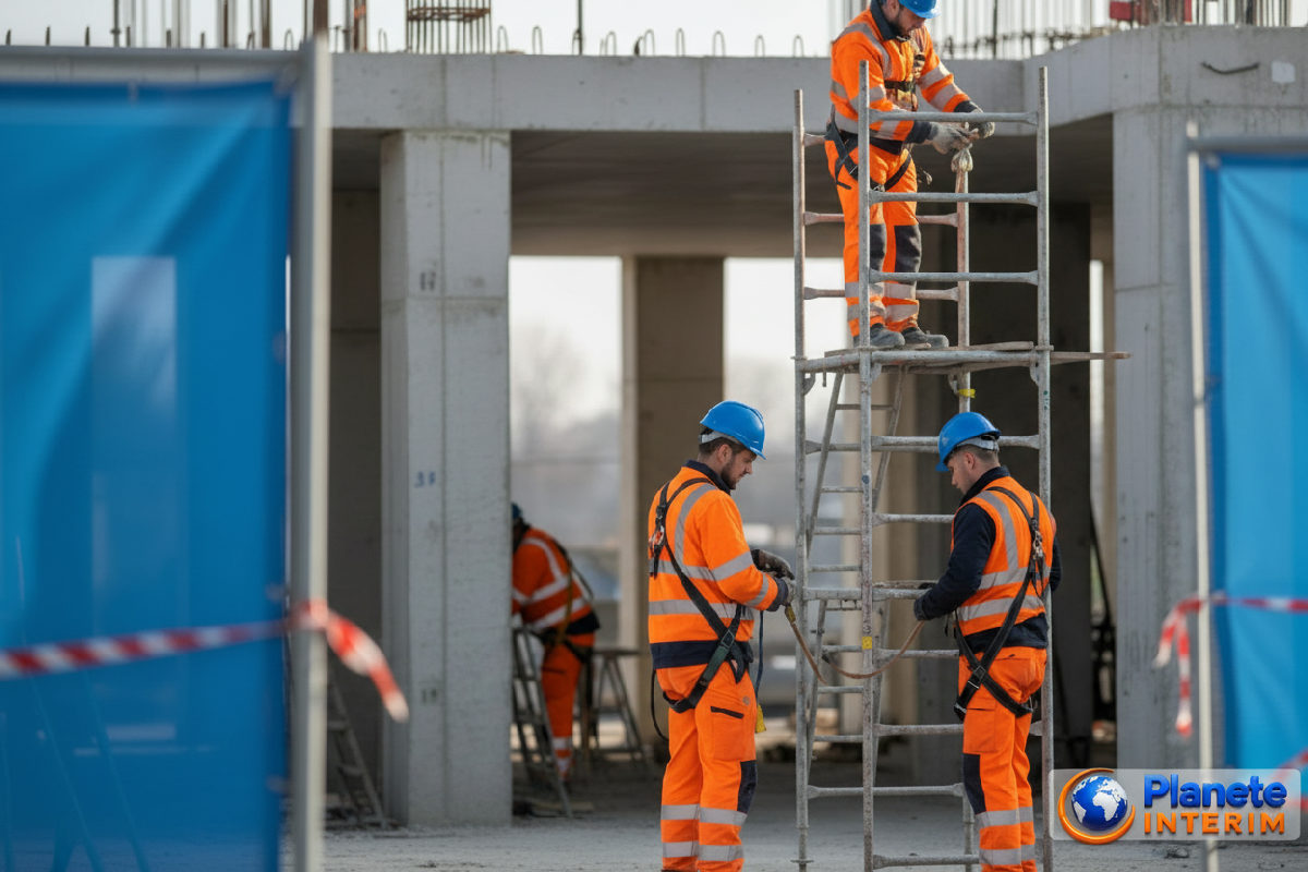 prévention risques santé travail intérim Roumanie - Ouvriers qualifiés appliquant les mesures de prévention sur un chantier.