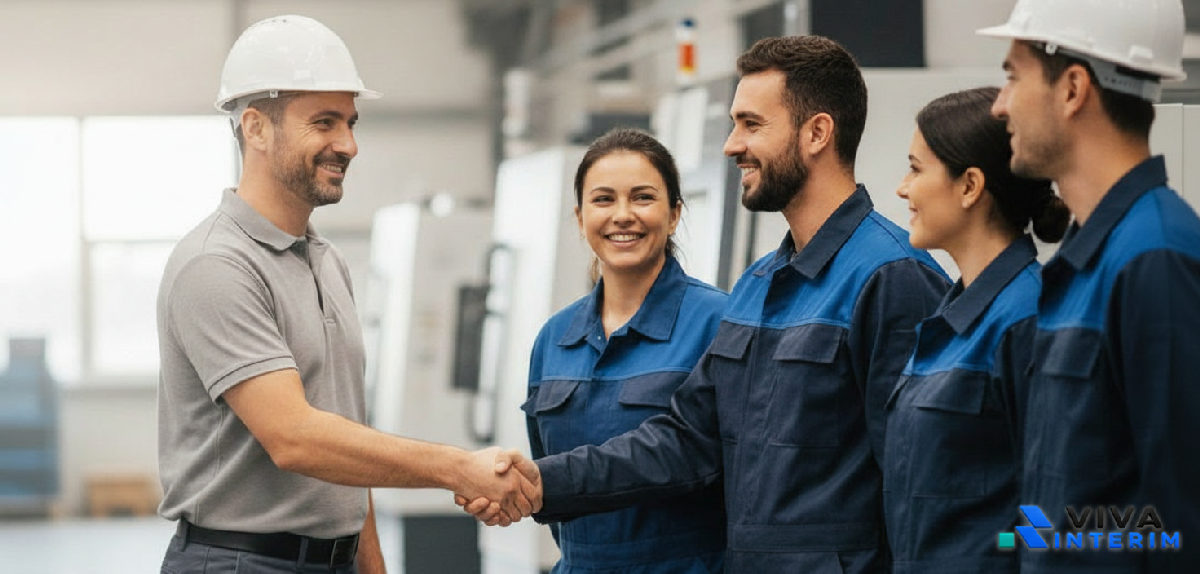 Responsable français accueillant des travailleurs roumains dans une usine.