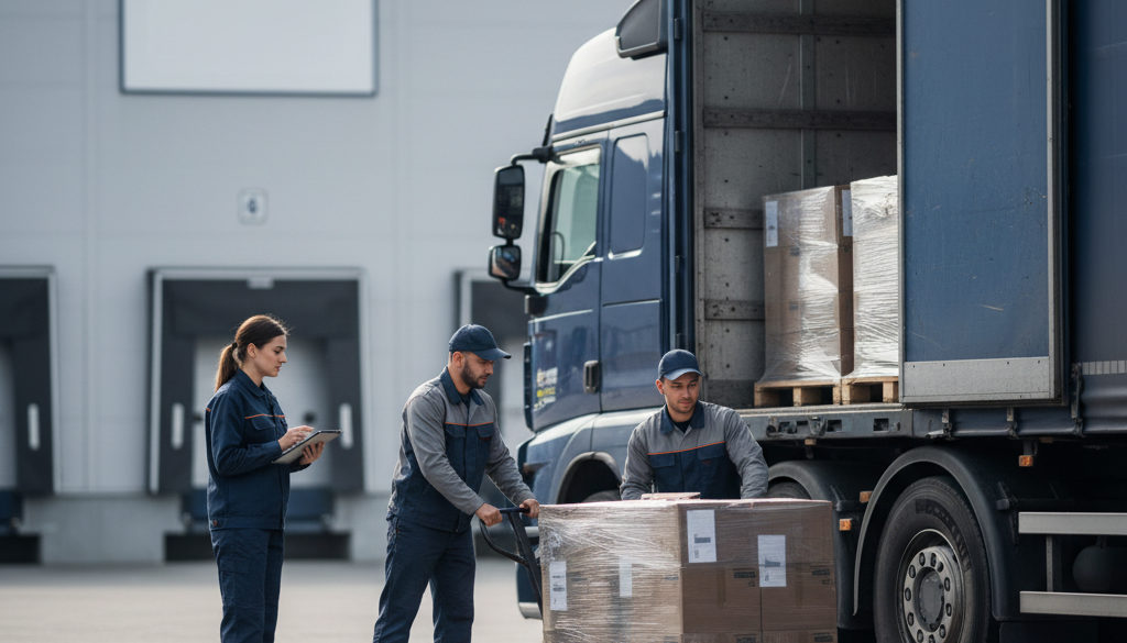 Équipe de logisticiens roumains déchargeant un camion avec efficacité.
