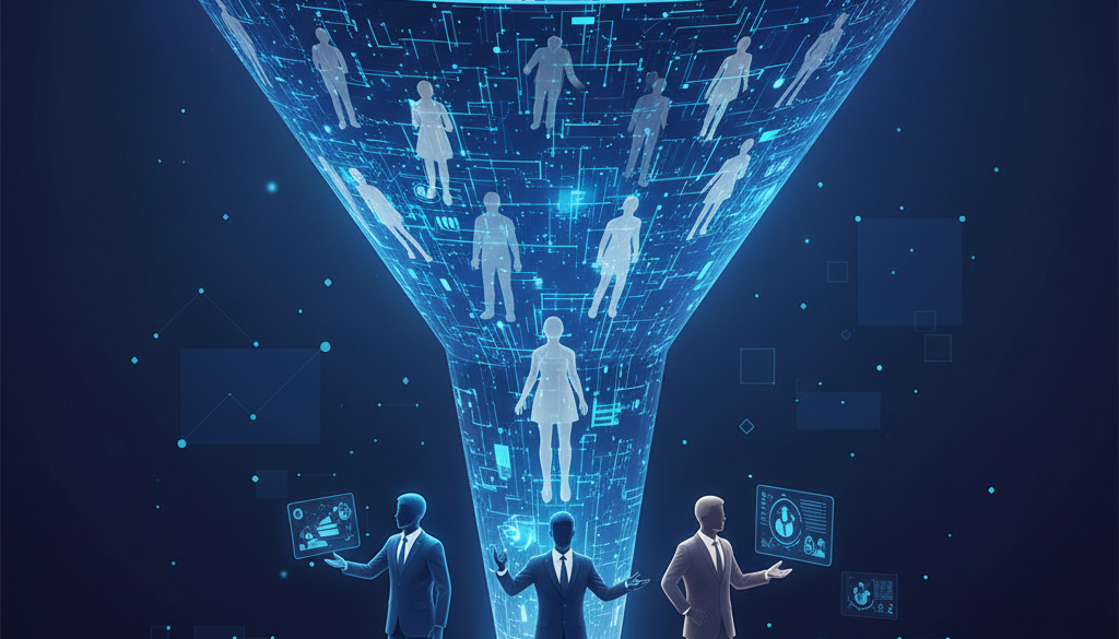 Abstract marketing funnel showing AI personalization of leads.