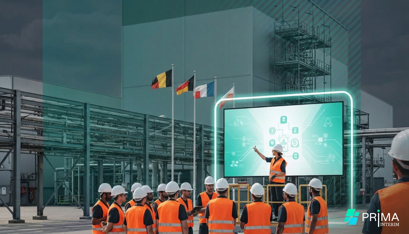 Groupe diversifié de travailleurs en briefing de sécurité sur un site industriel belge.