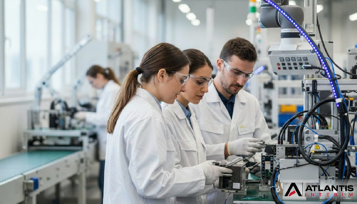 Techniciens roumains qualifiés travaillant sur une ligne de production en France.