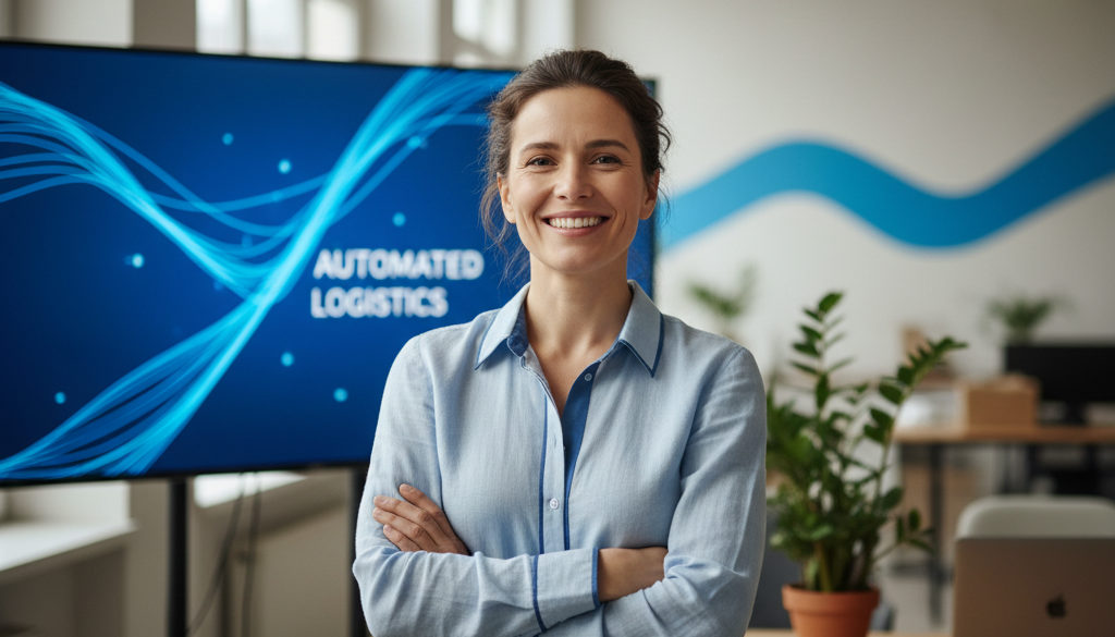 Manager mulțumit: logistică automatizată și eficientă pentru magazin.
