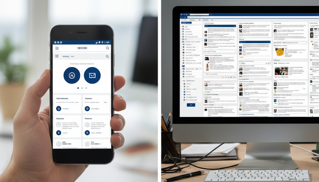 Mobile-friendly website design versus a cluttered desktop view.