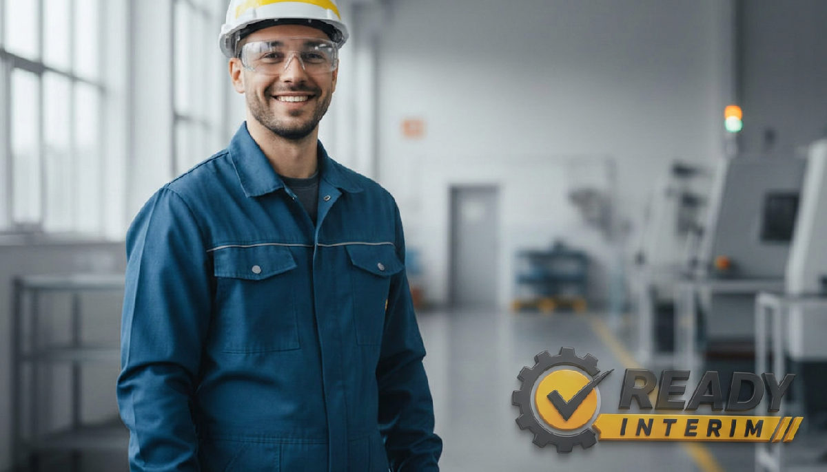 Travailleur roumain souriant en tenue de protection dans une usine.