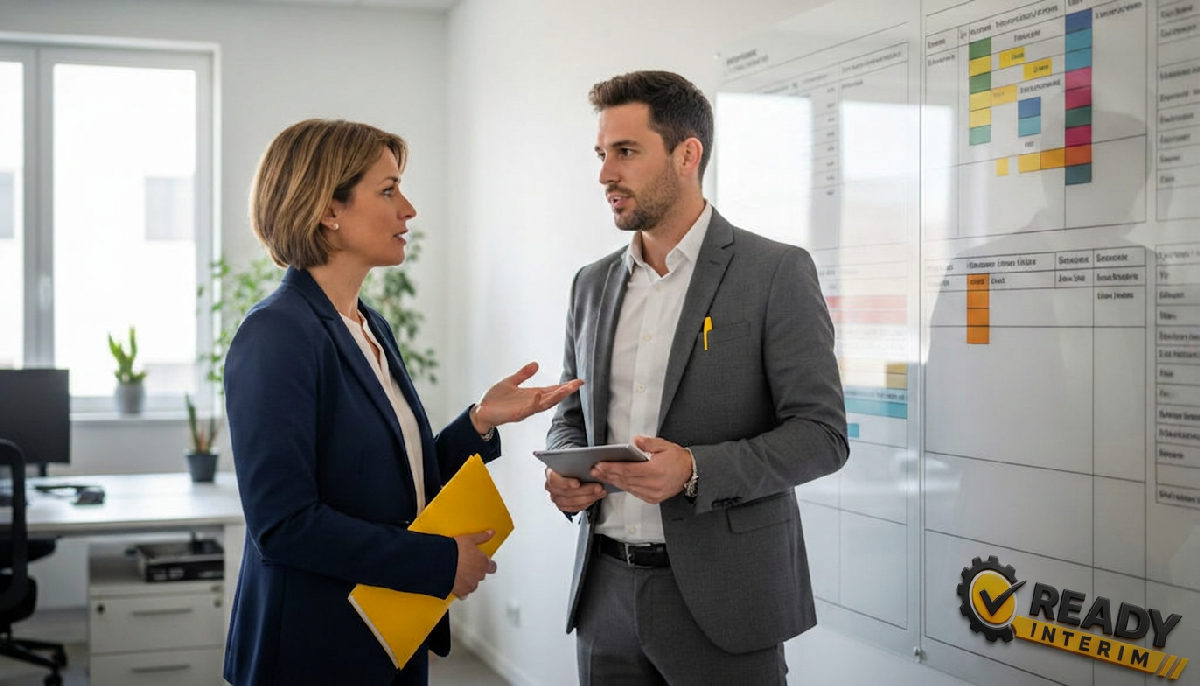 DRH échangeant avec un consultant Ready Intérim près d'un planning.