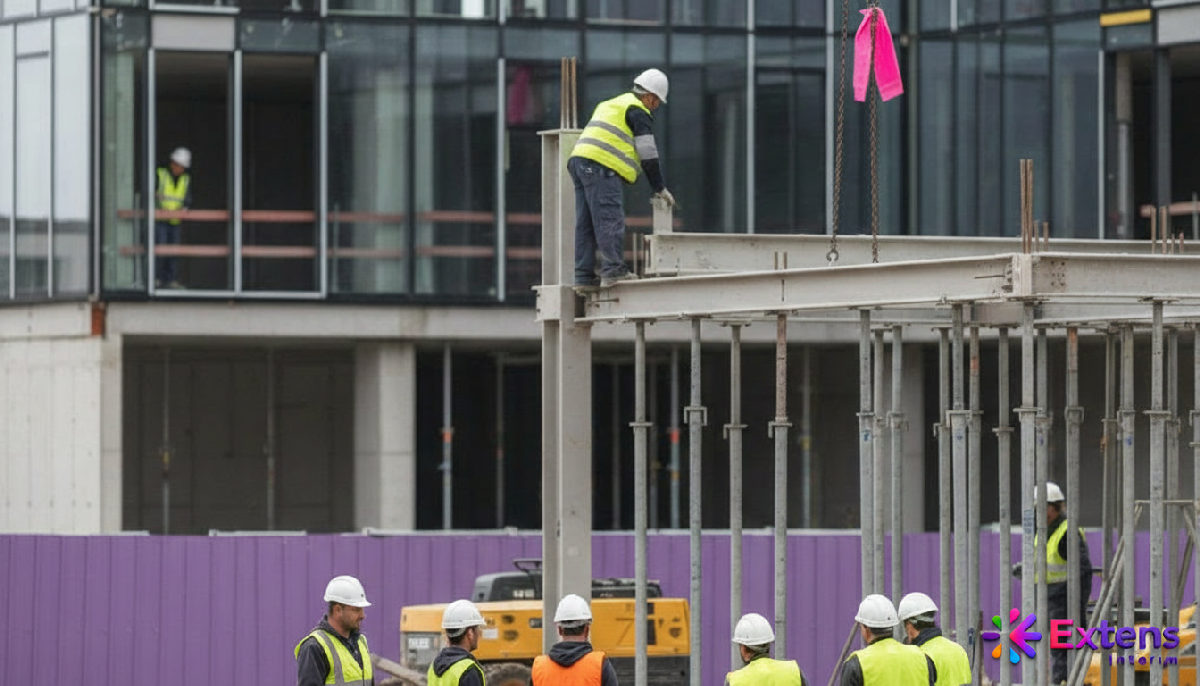 Chantier BTP en France avec des ouvriers roumains qualifiés.