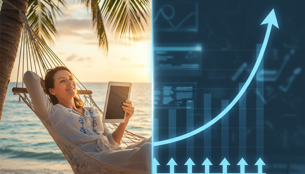Business owner relaxing while organic traffic graph trends upward.