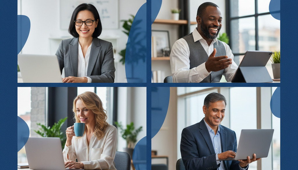 Diverse, satisfied business owners smiling and using laptops.