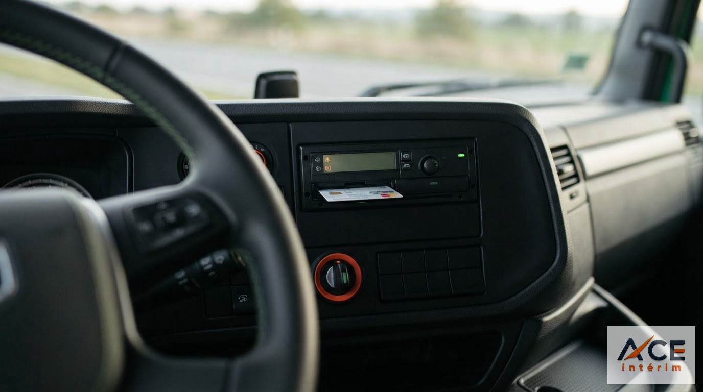 La carte conducteur est insérée dans le tableau de bord d'un camion.
