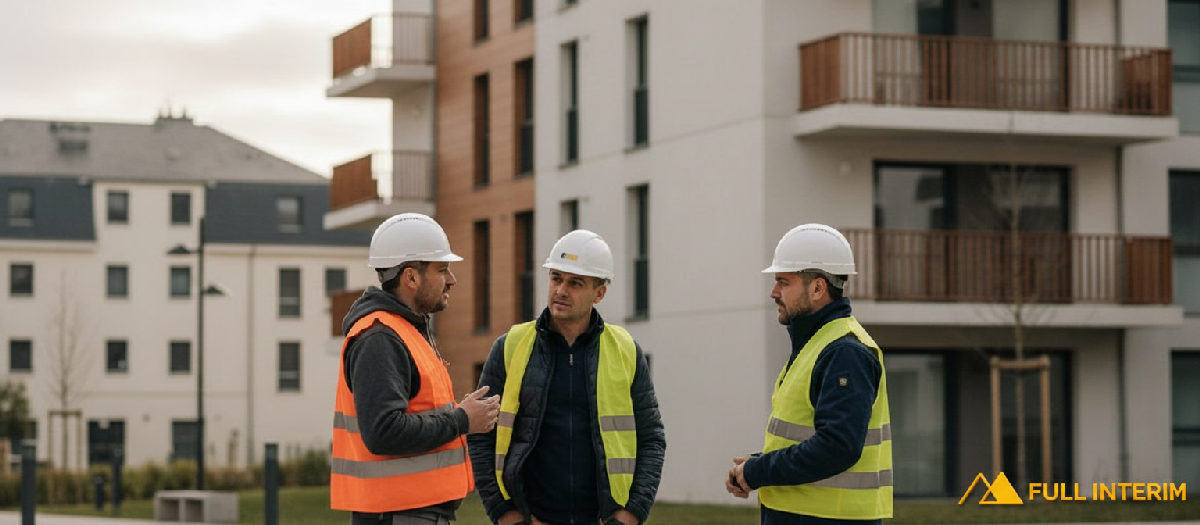 comment loger intérimaires roumains en france - Ouvriers roumains devant des logements modernes en France.