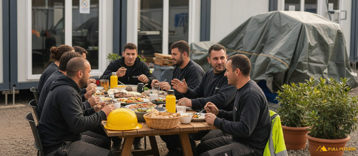 Travailleurs français et roumains partageant un repas convivial.