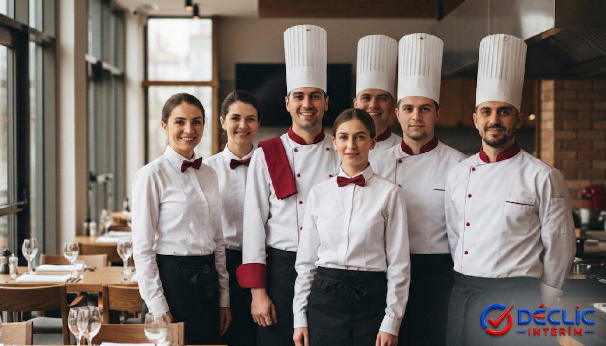 Serveurs et cuisiniers roumains souriants en uniforme, prêts pour le service.