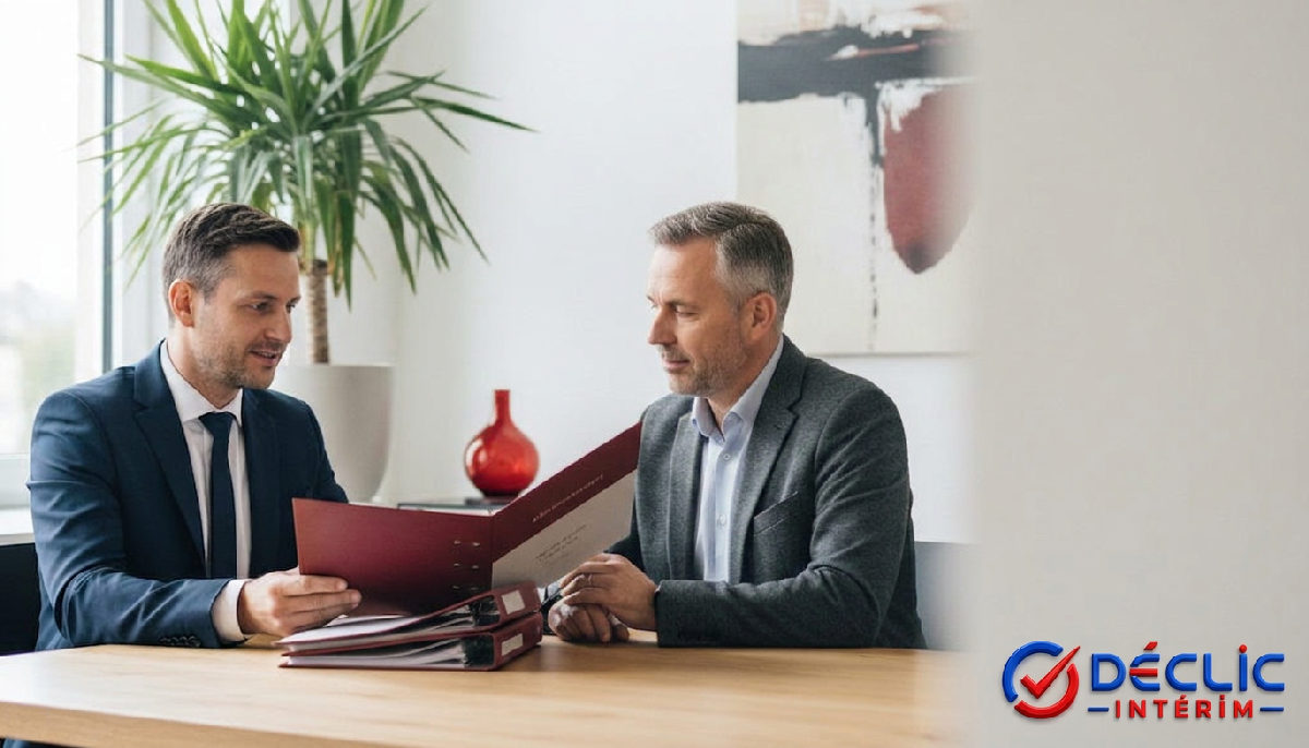 Consultant en recrutement présentant des dossiers de candidats à un gérant d'hôtel.