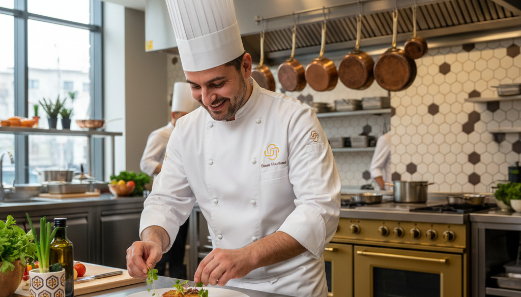 personnel hôtellerie restauration roumain intérim – Chef roumain souriant préparant un plat dans une cuisine moderne.