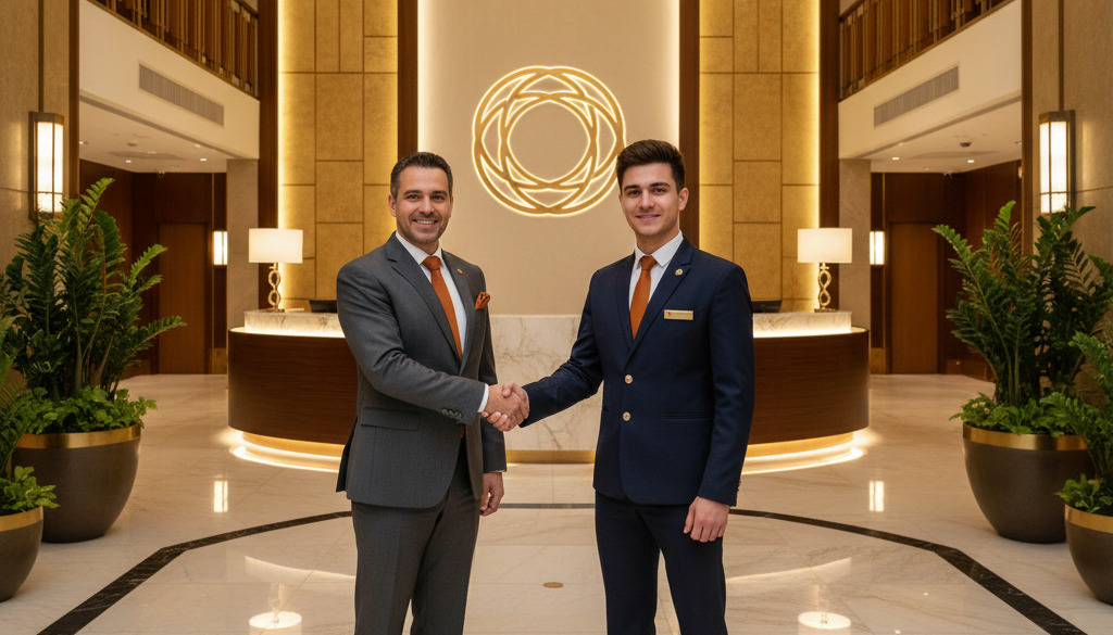 Poignée de main entre directeur d'hôtel et réceptionniste en uniforme.