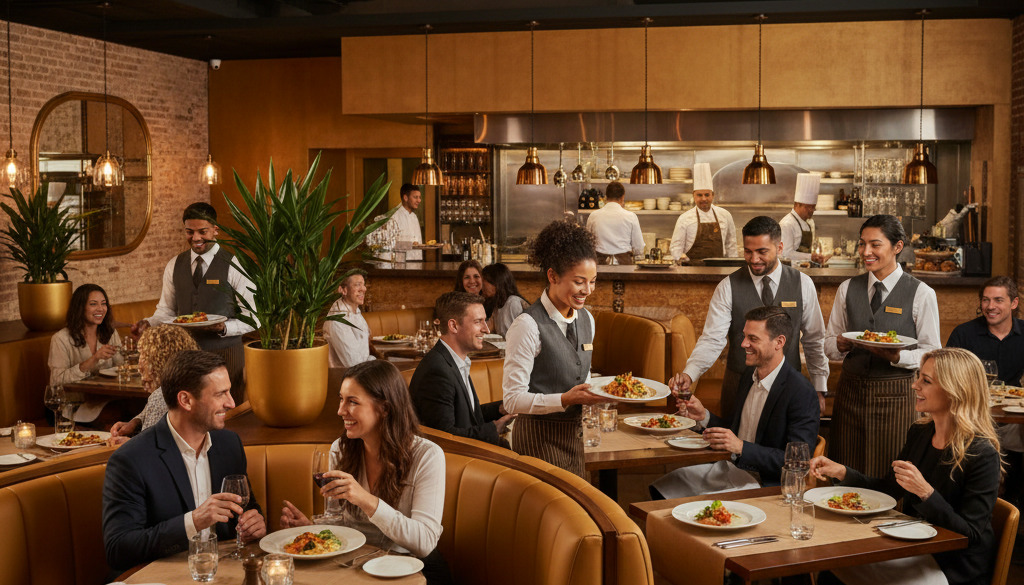 Clients heureux dans un restaurant animé, servi par du personnel professionnel.