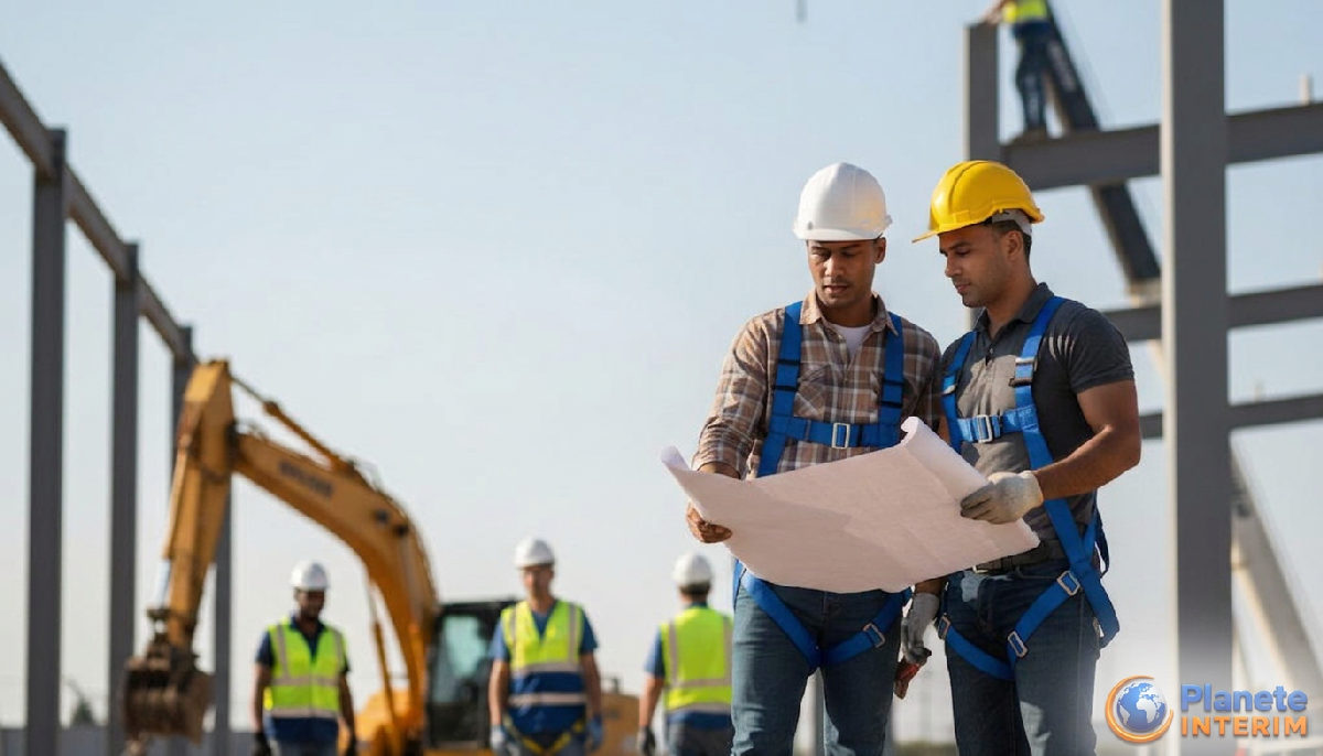 avantages intérim international entreprises françaises - Des ouvriers qualifiés sur un chantier dynamique, illustrant l'intérim international.