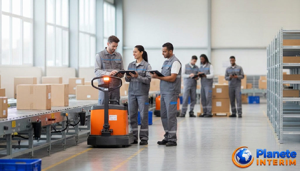 Travailleurs motivés dans un centre logistique moderne gérant des flux.