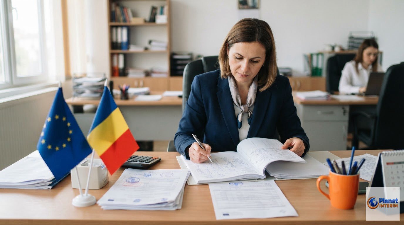 qui paye cotisations intérimaire roumain - Un bureau avec documents officiels et drapeaux européens illustrant la gestion des cotisations.