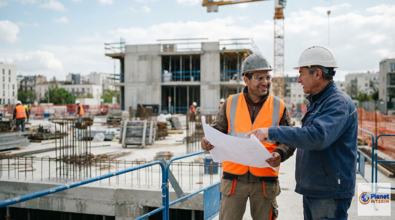 Ouvriers roumains et français collaborant sur un chantier de construction en France.