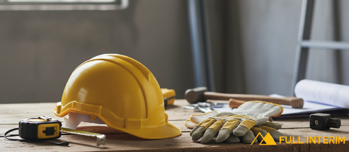 Casque et gants sur une table de chantier.