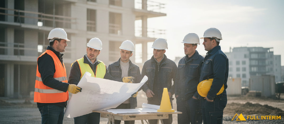 Chef de chantier expliquant des plans à des ouvriers.