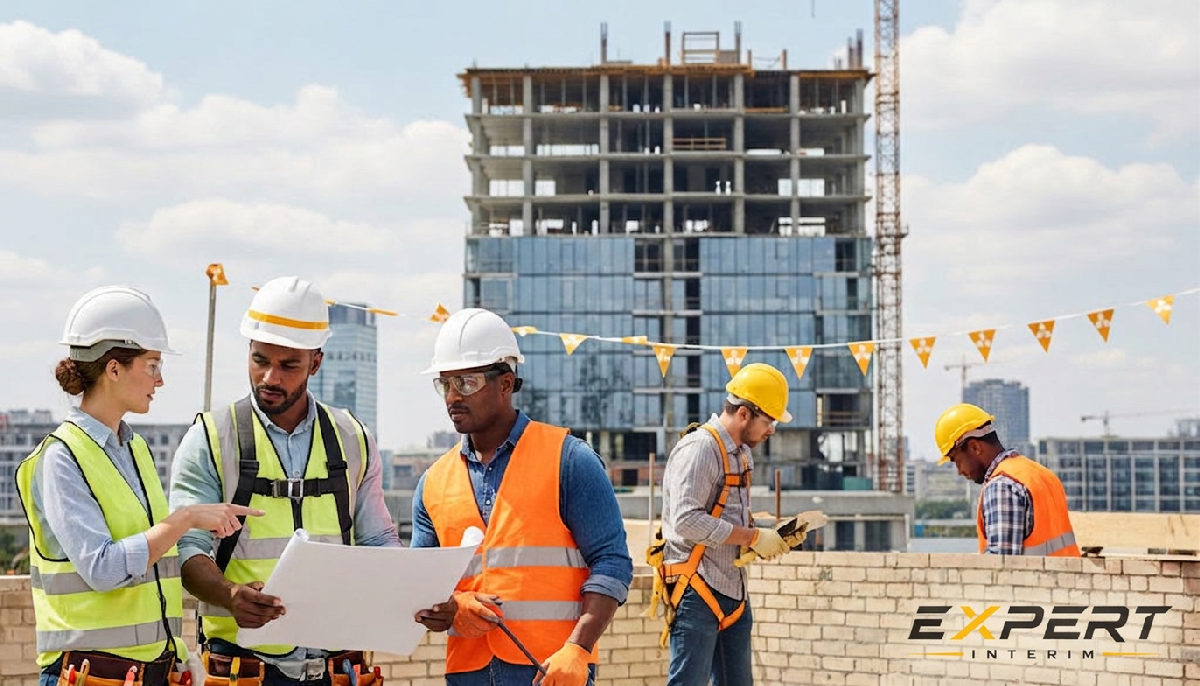 Ouvriers de divers métiers collaborant sur un chantier urbain.