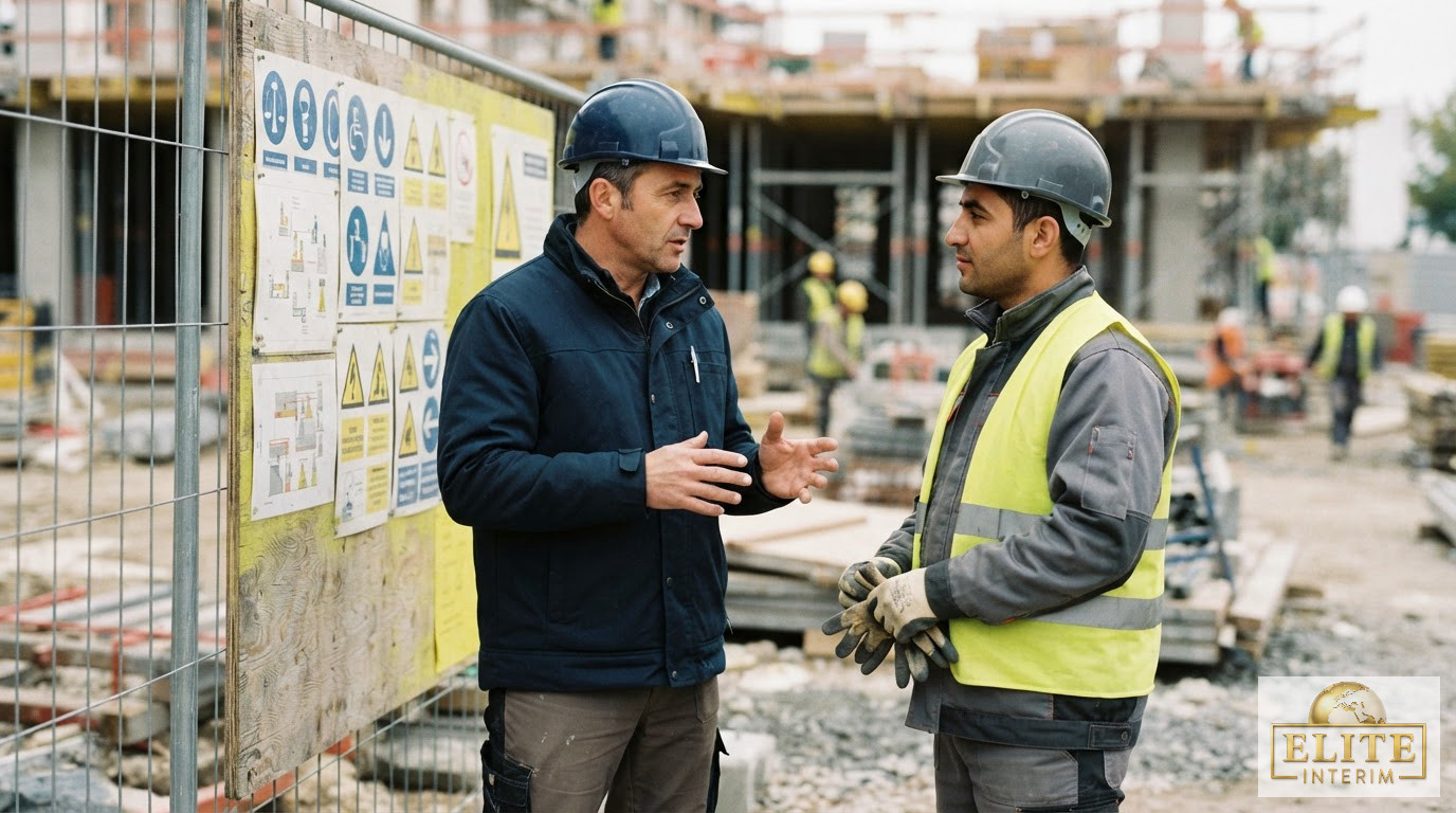 Chef de chantier discutant avec un ouvrier devant un panneau de sécurité.