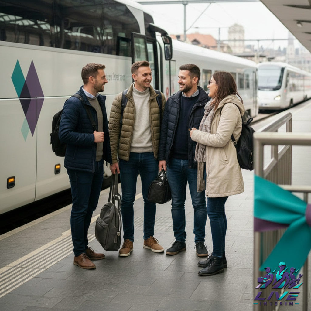 Groupe de travailleurs roumains montant dans un bus.