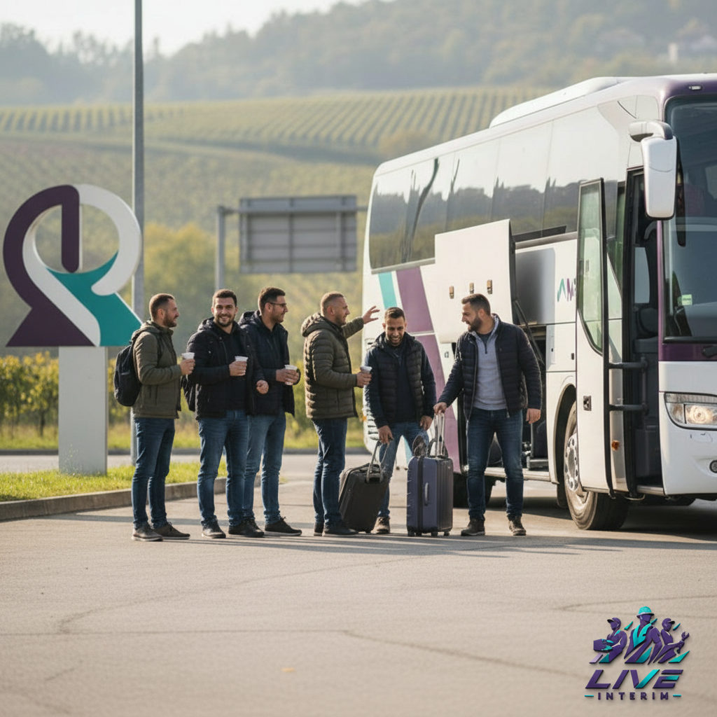 Bus de transport de travailleurs près d'un chantier en France.
